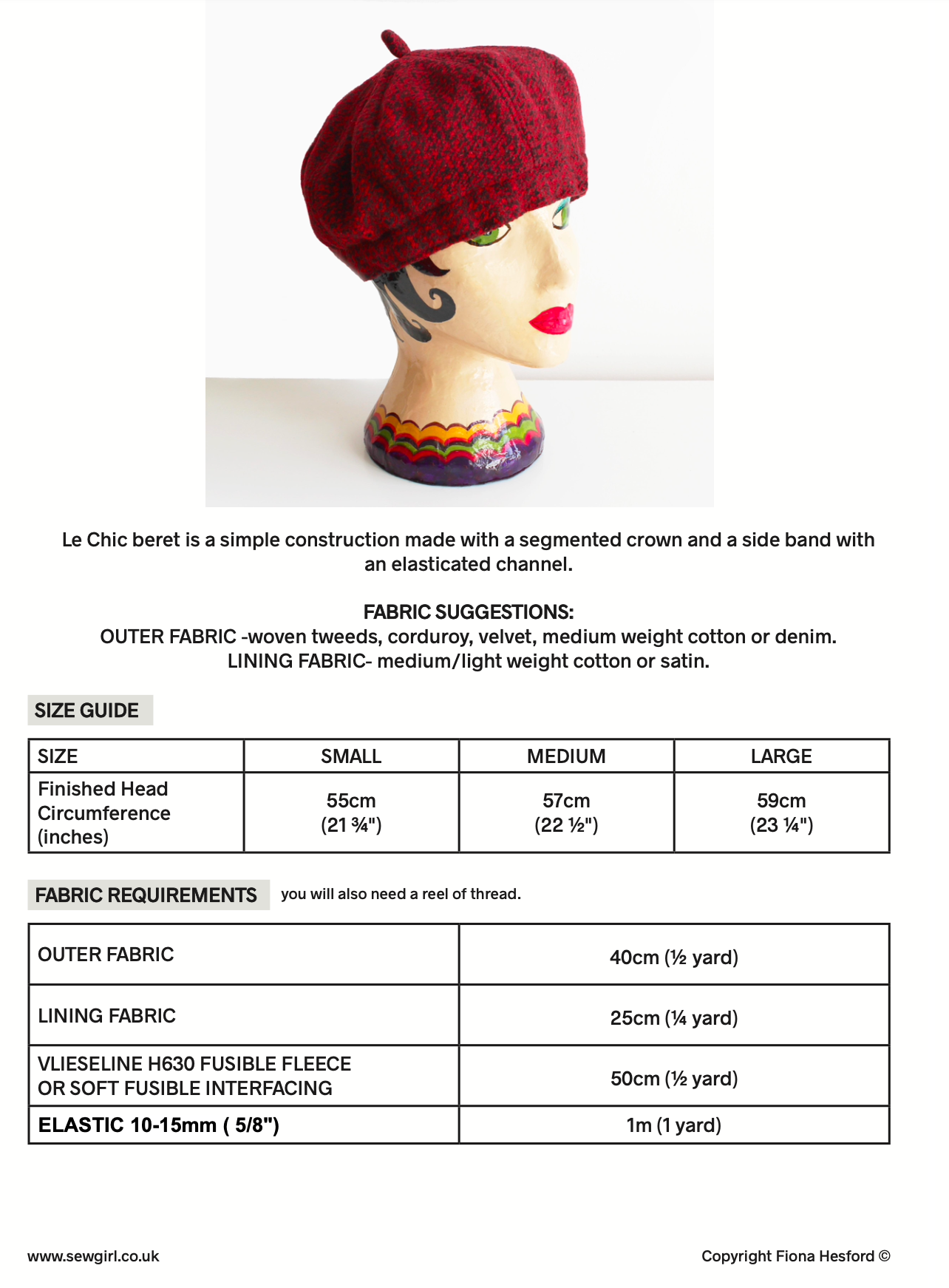 LE CHIC BERET PDF DOWNLOAD sewing pattern