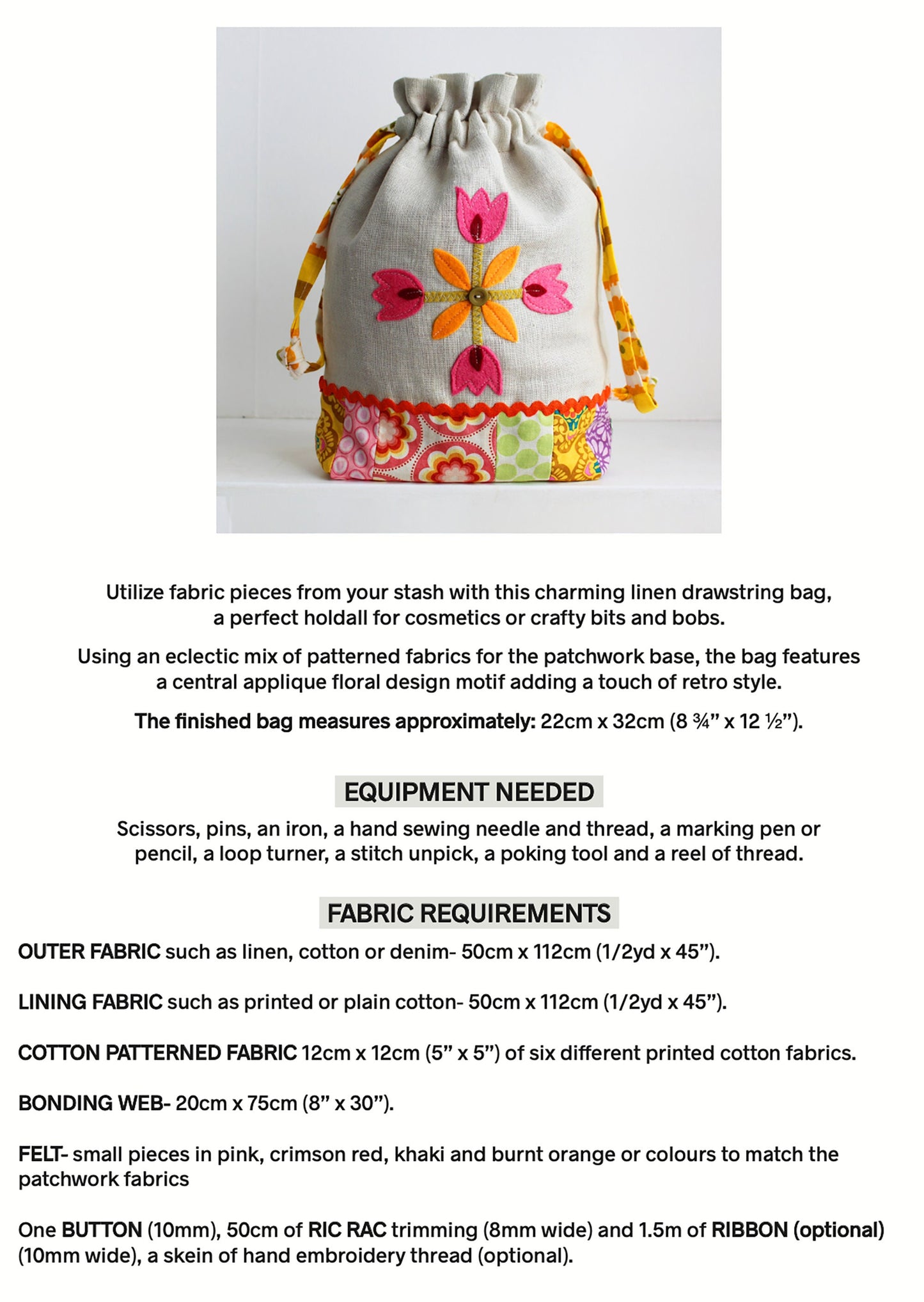 DRAWSTRING APPLIQUE BAG sewing pattern